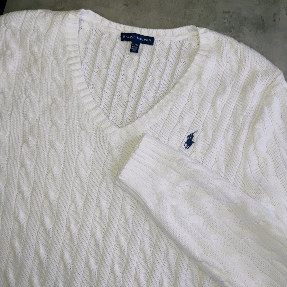 Vtg Ralph Lauren Cable Knit V Neck Women's XL White Sweater Pony Logo Cotton